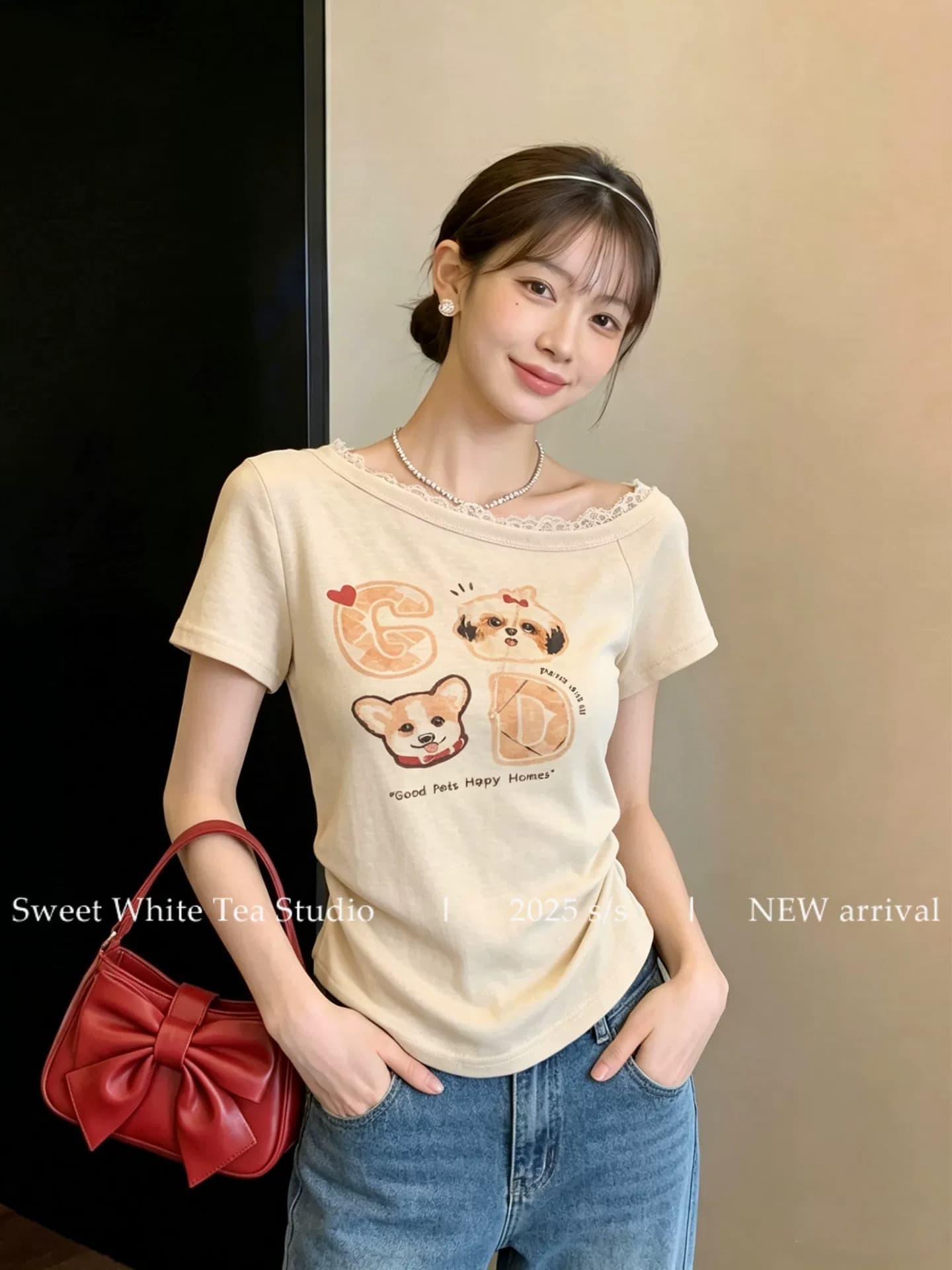 살구 색상 레이스 측면 오프숄더 프린트 반팔 티셔츠 여성 여름 주름 허리 수축 오프숄더 섹시함 작은 맨위 상세 이미지 4