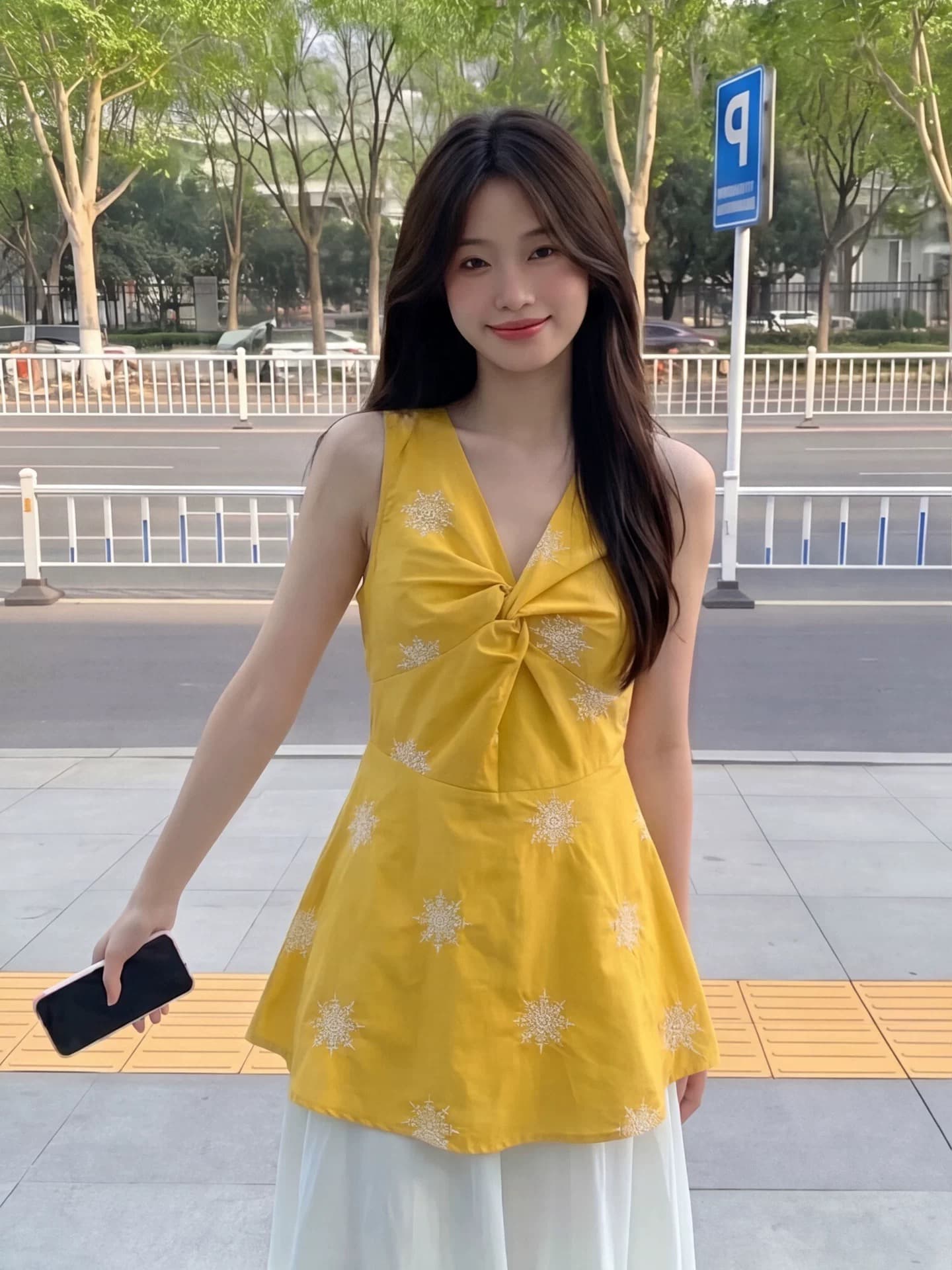 도파민 황색 행침 목 비틀림 V넥 조끼 여성 여름 디자인 작은 대중 자수 허리 수축 민소매 치마 맨위 이미지 3