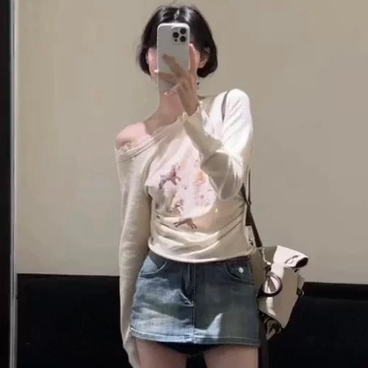 한 부서 품격 두 조각 여성 세트 여름 새로운 비스듬한 칼라 오프숄더 강아지 긴팔 티셔츠 슬림해 보이는 맨위 상세 이미지 1