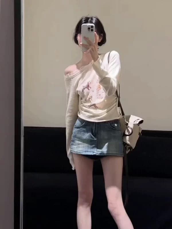 한 부서 품격 두 조각 여성 세트 여름 새로운 비스듬한 칼라 오프숄더 강아지 긴팔 티셔츠 슬림해 보이는 맨위 상세 이미지 2