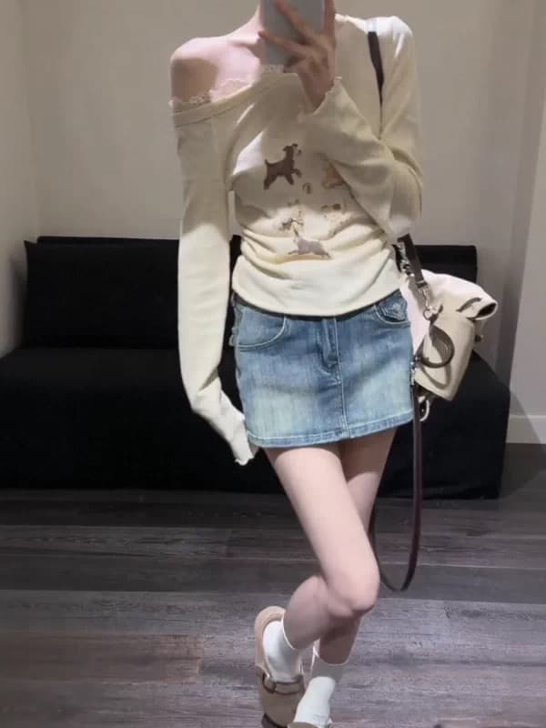 한 부서 품격 두 조각 여성 세트 여름 새로운 비스듬한 칼라 오프숄더 강아지 긴팔 티셔츠 슬림해 보이는 맨위 상세 이미지 4