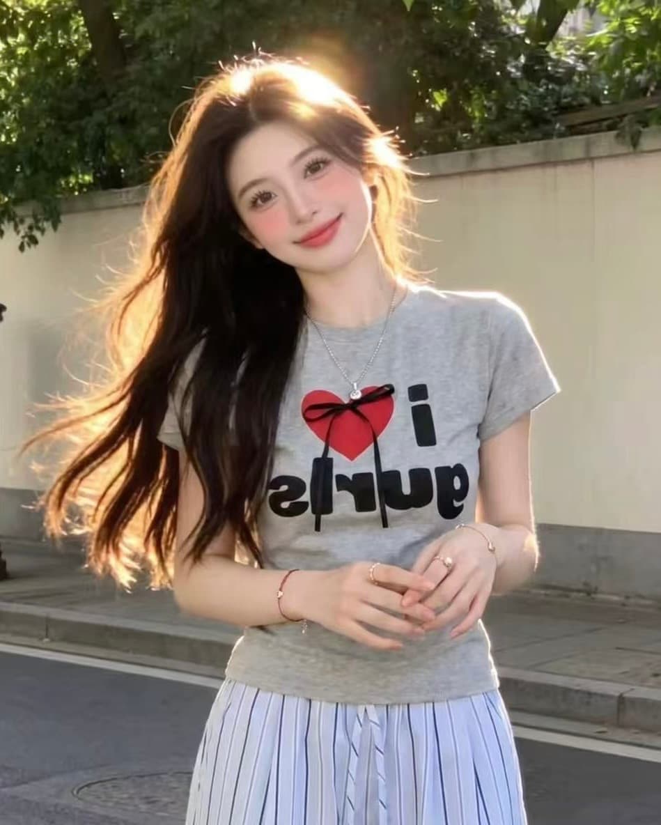 한 부서 하트 프린트 반팔 티셔츠 여성 여름 새로운 라운드 넥 나비 매듭 알파벳 다용도 달콤한 매운맛 바람 몸매 가꾸기 맨위 이미지 3