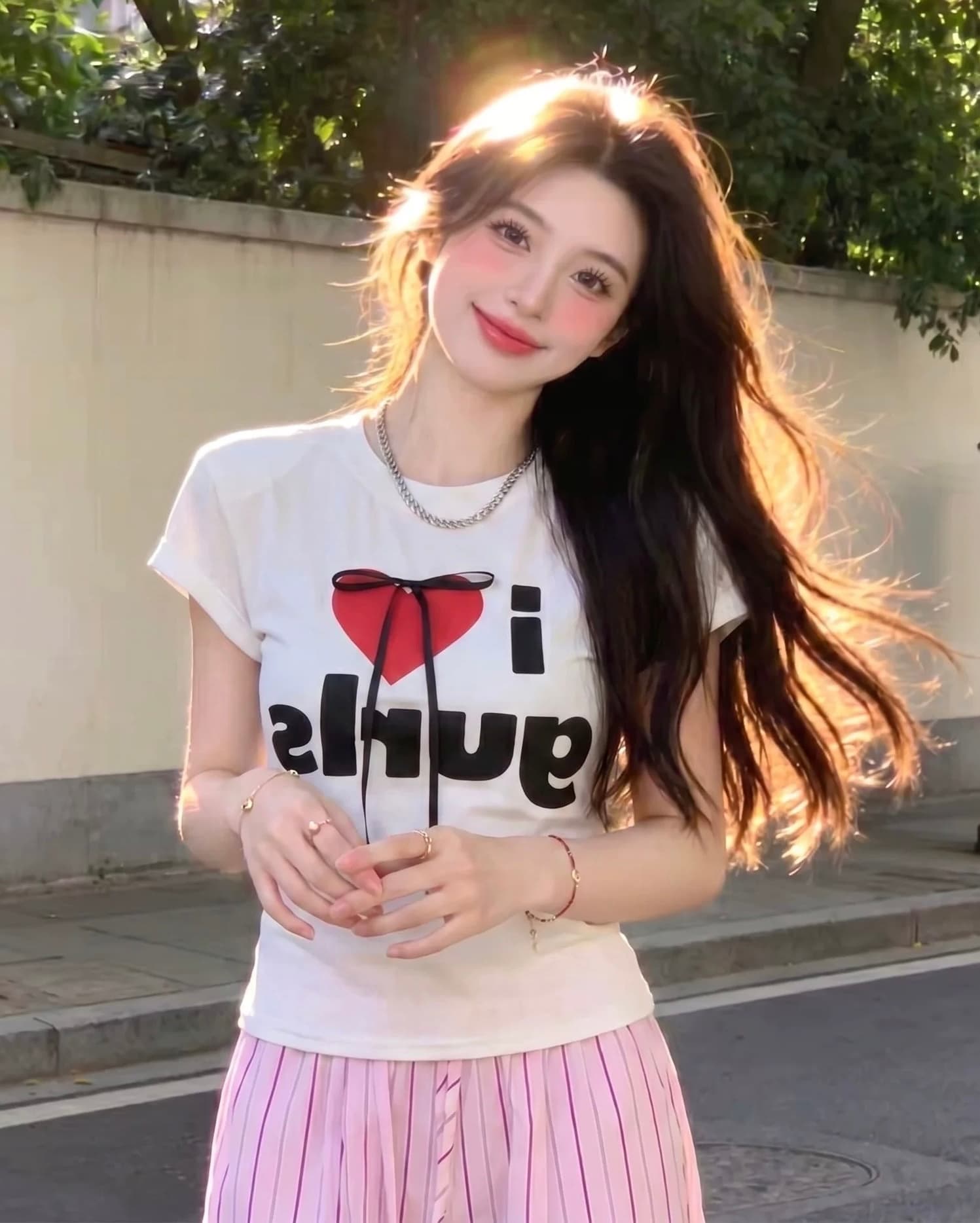 한 부서 하트 프린트 반팔 티셔츠 여성 여름 새로운 라운드 넥 나비 매듭 알파벳 다용도 달콤한 매운맛 바람 몸매 가꾸기 맨위 이미지 4