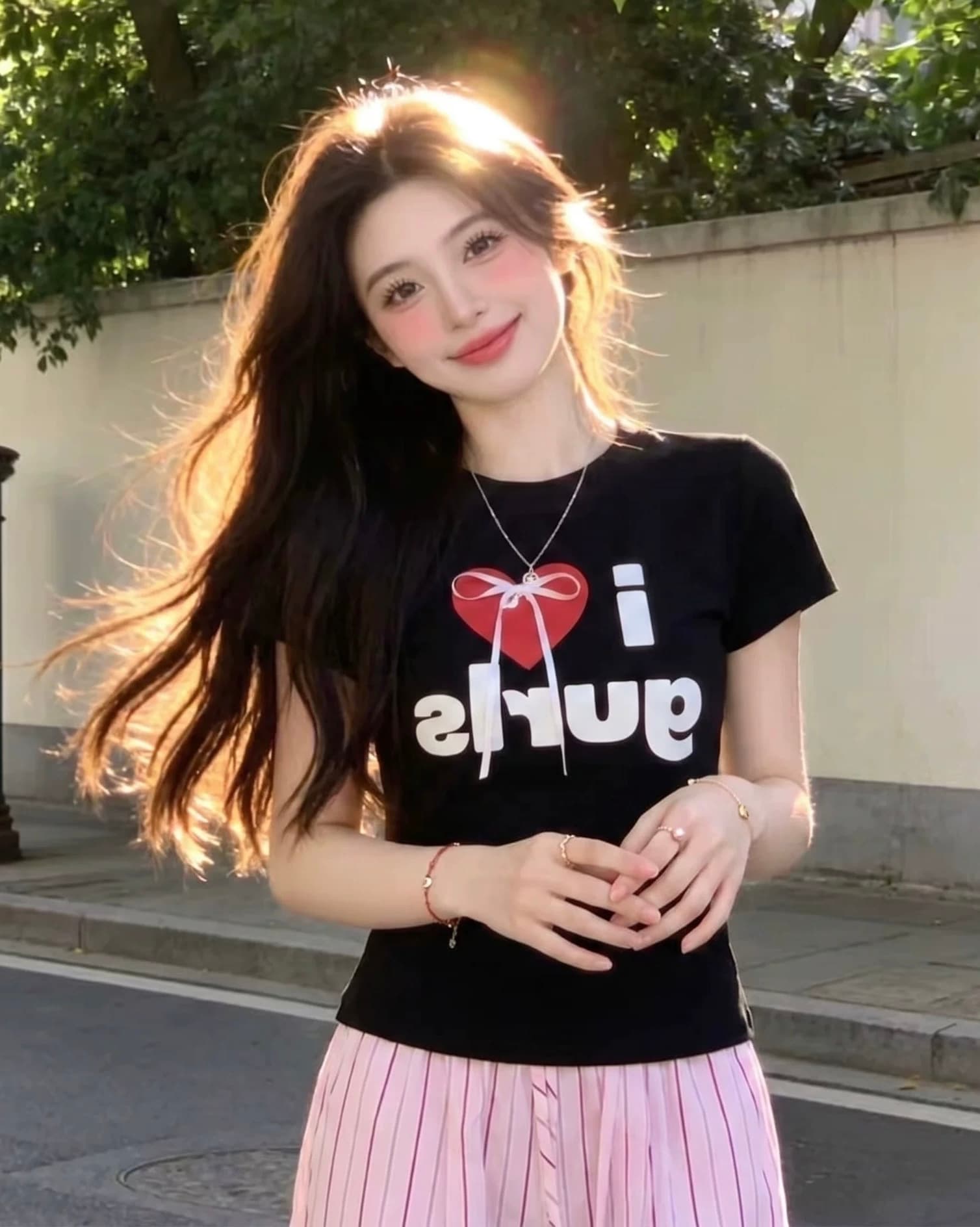 한 부서 하트 프린트 반팔 티셔츠 여성 여름 새로운 라운드 넥 나비 매듭 알파벳 다용도 달콤한 매운맛 바람 몸매 가꾸기 맨위 상세 이미지 2