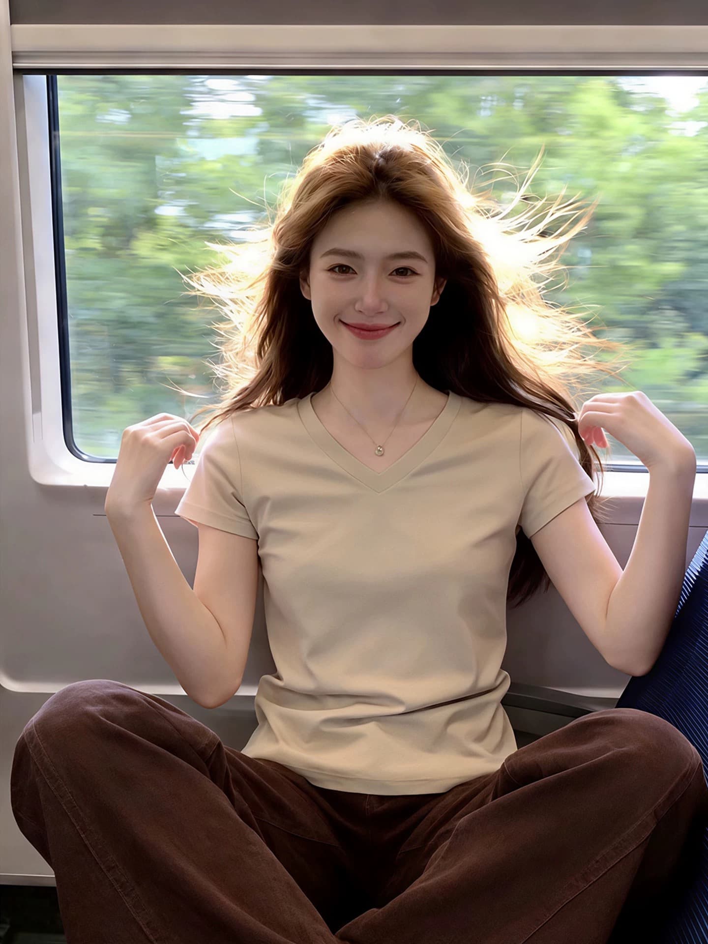 한 부서 미니멀리즘 기초 섹션 밀크 티 색상 V넥 몸매 가꾸기 반팔 티셔츠 여성 2026 새로운 여름 핫걸 꼬집기 허리 위로 의류