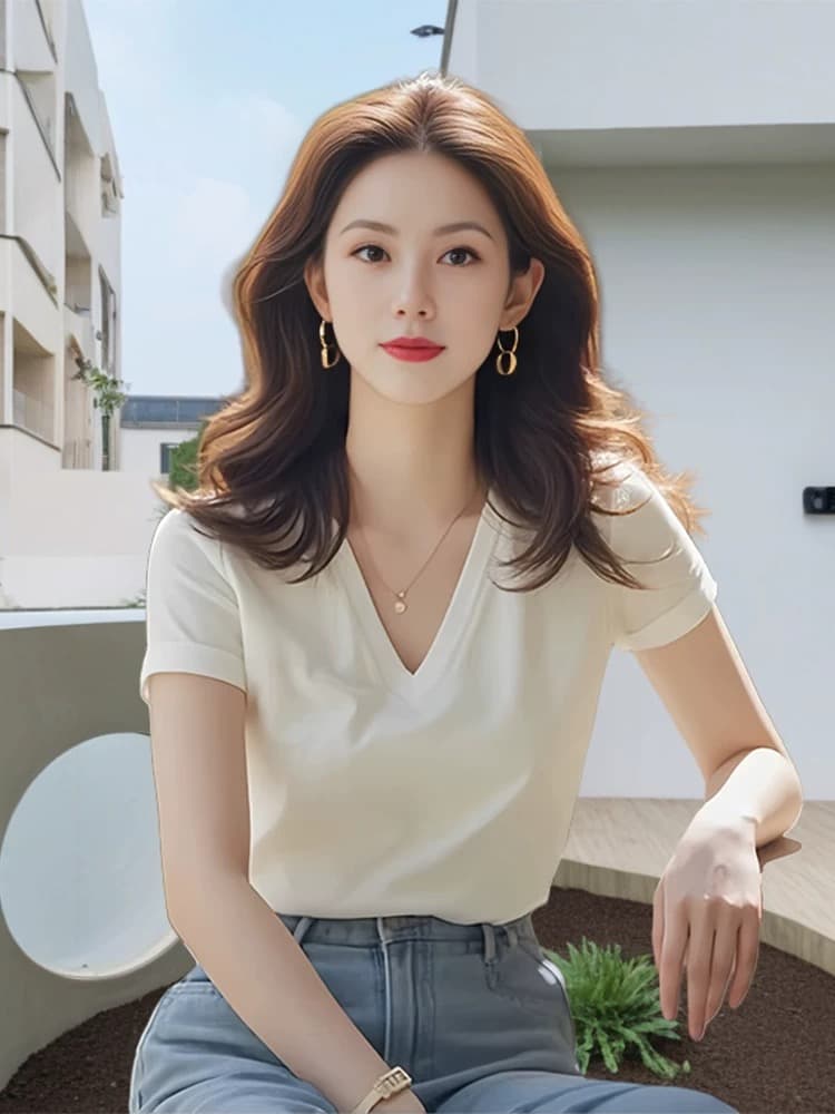 화이트 V넥 긍정적 인 어깨 반팔 여성 고급 티셔츠 차 인사이드 차 가스 Chic 품격 작은 대중 아니요 명중 섹션 맨위 여성 여름 섹션 이미지 3
