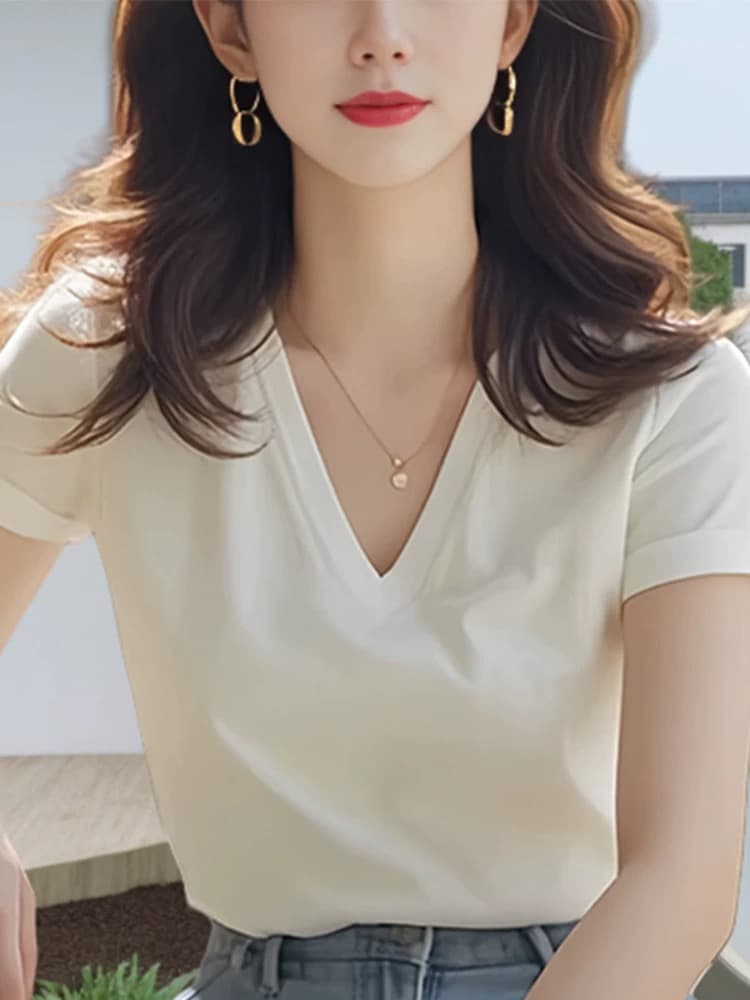 화이트 V넥 긍정적 인 어깨 반팔 여성 고급 티셔츠 차 인사이드 차 가스 Chic 품격 작은 대중 아니요 명중 섹션 맨위 여성 여름 섹션 이미지 4