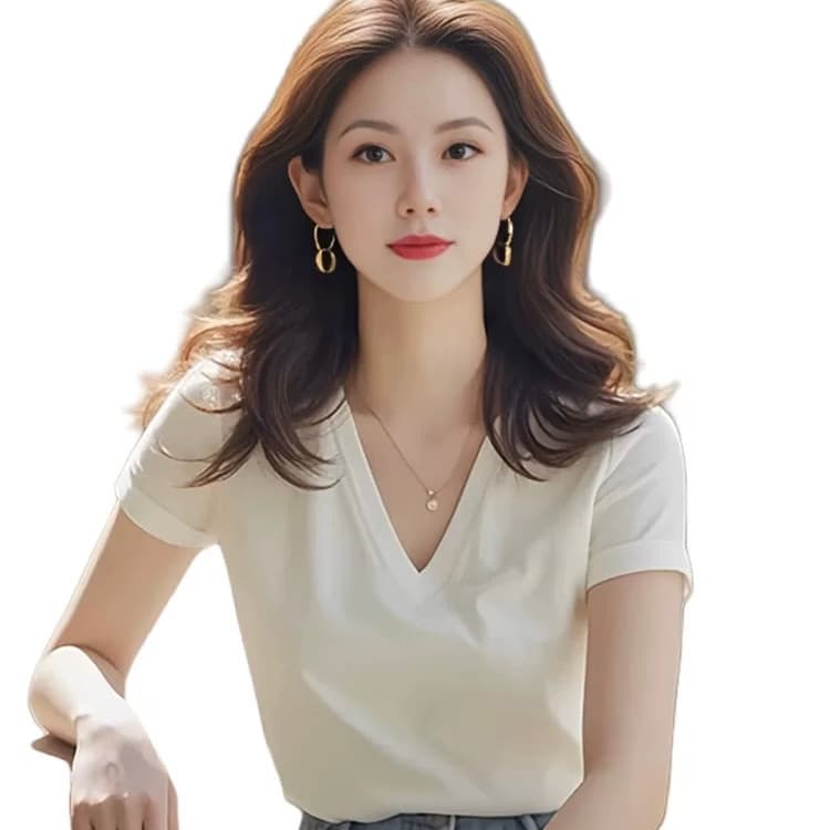 화이트 V넥 긍정적 인 어깨 반팔 여성 고급 티셔츠 차 인사이드 차 가스 Chic 품격 작은 대중 아니요 명중 섹션 맨위 여성 여름 섹션 상세 이미지 1