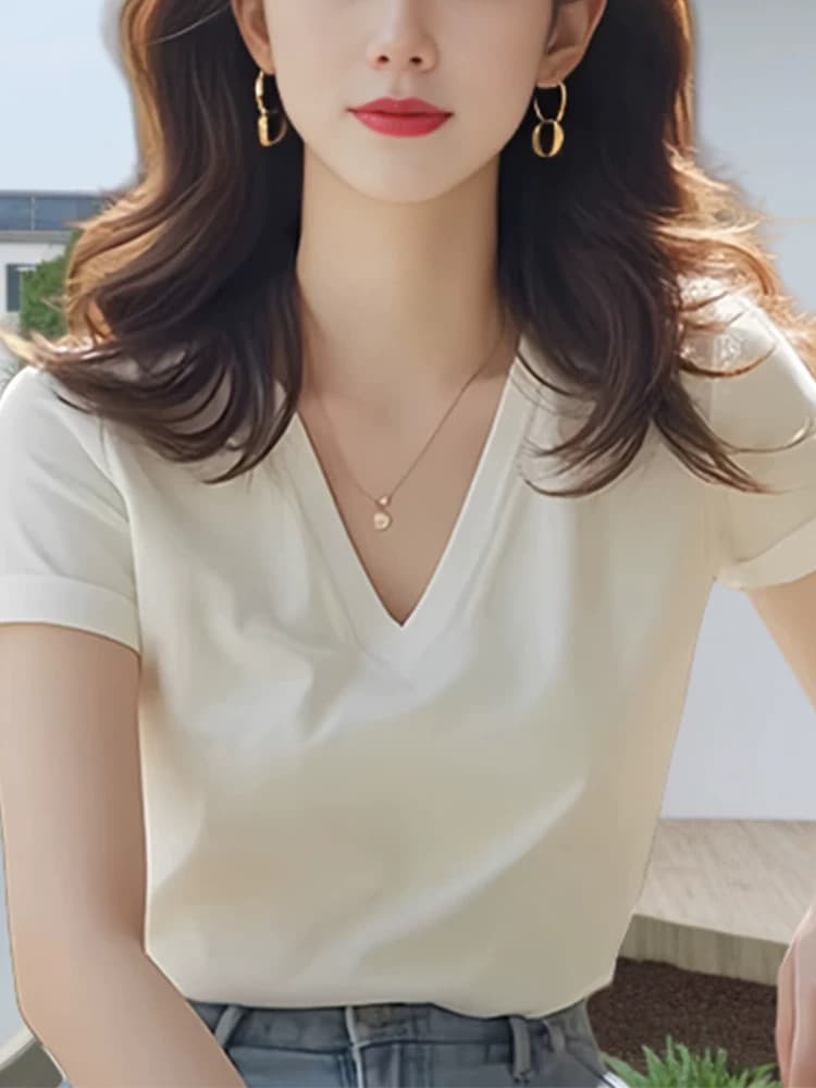 화이트 V넥 긍정적 인 어깨 반팔 여성 고급 티셔츠 차 인사이드 차 가스 Chic 품격 작은 대중 아니요 명중 섹션 맨위 여성 여름 섹션 상세 이미지 2