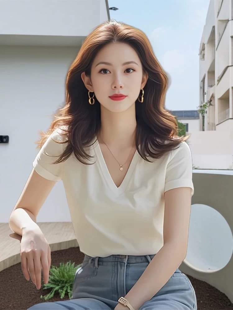 화이트 V넥 긍정적 인 어깨 반팔 여성 고급 티셔츠 차 인사이드 차 가스 Chic 품격 작은 대중 아니요 명중 섹션 맨위 여성 여름 섹션 상세 이미지 5