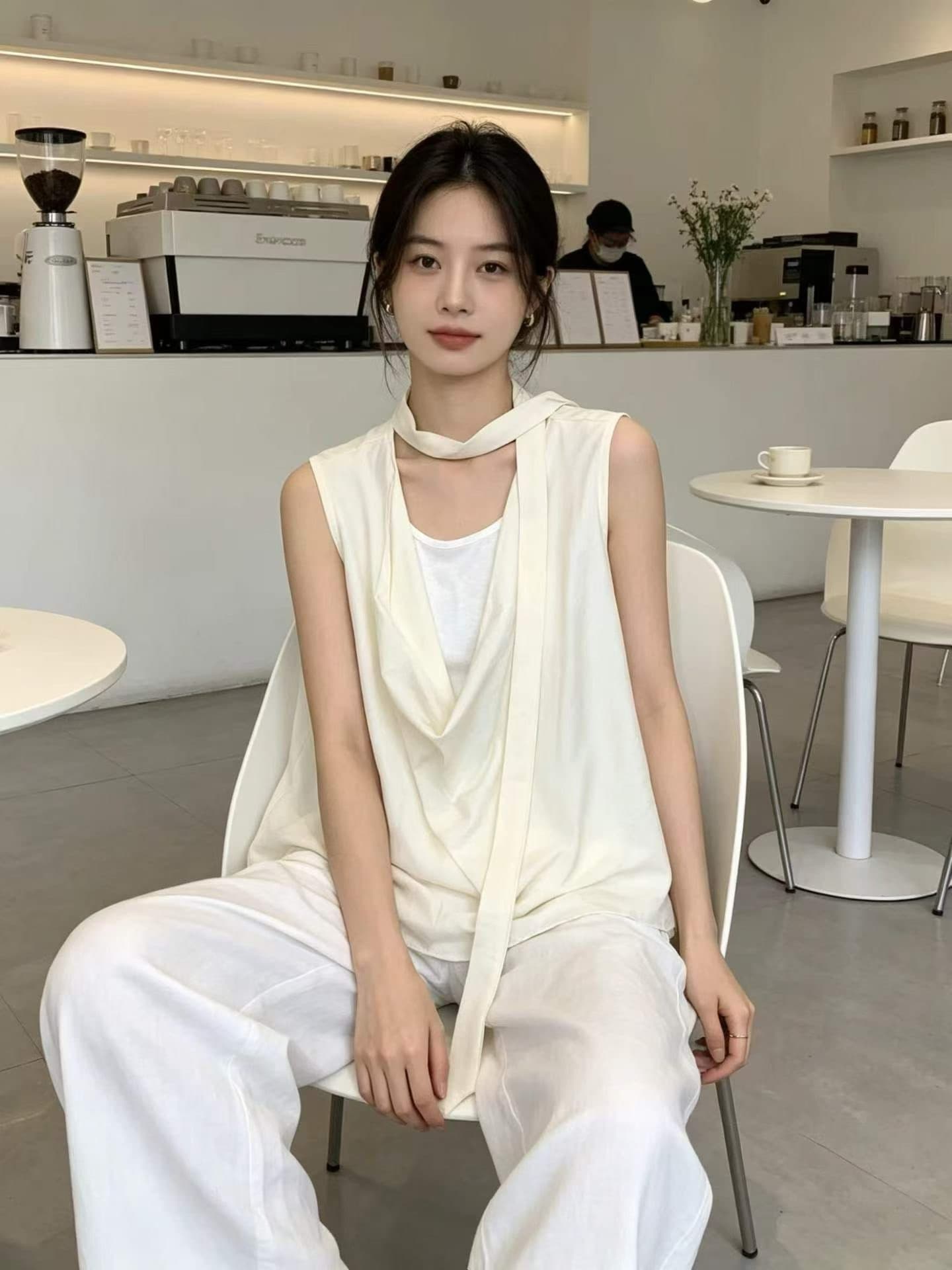 디자인 센스 리본 흔들다 칼라 페이크 레이어드 민소매 조끼 여성 여름 느긋한 바람 품격 다용도 작은 대중 맨위 작은 셔츠 상세 이미지 1