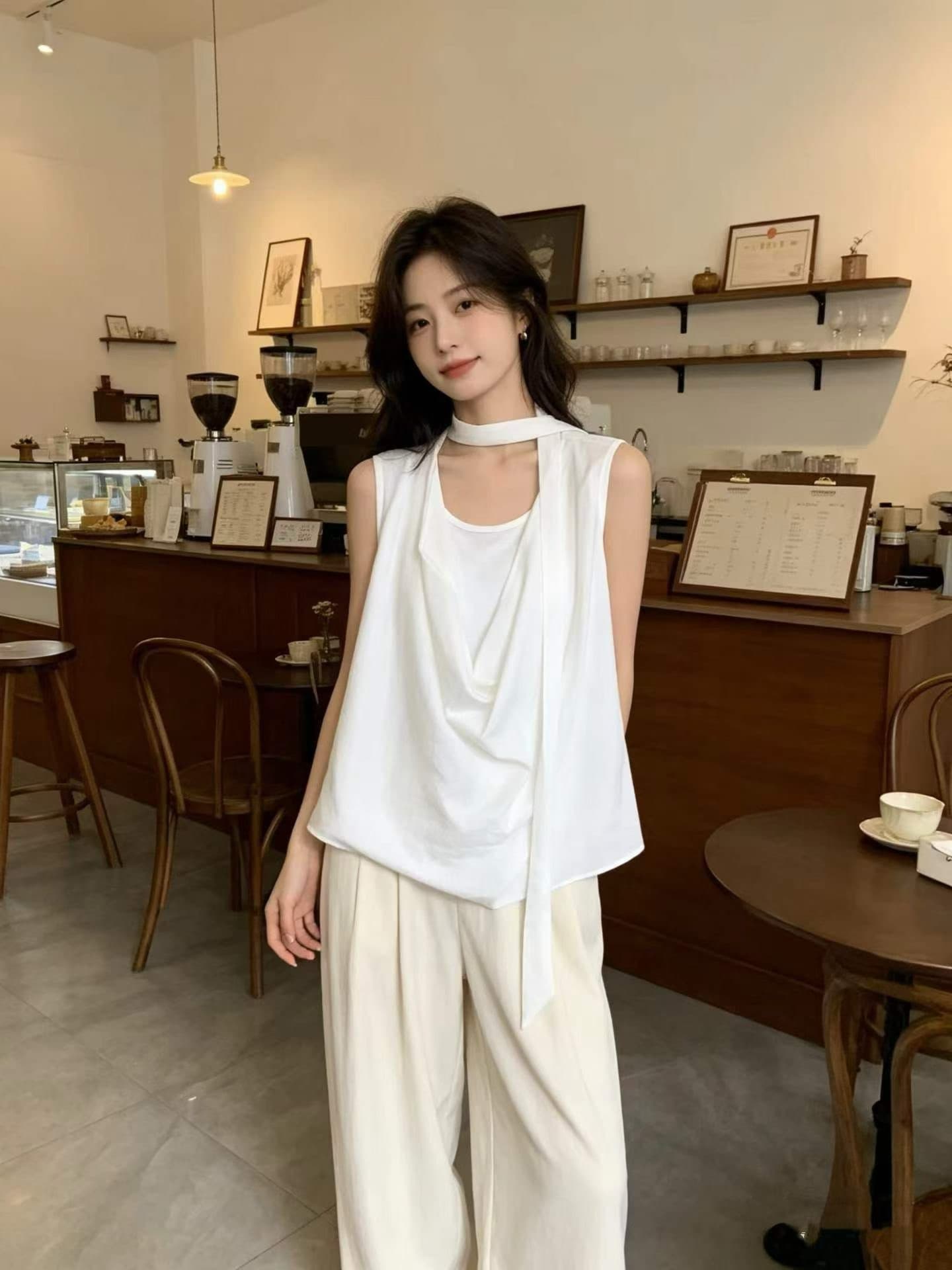 디자인 센스 리본 흔들다 칼라 페이크 레이어드 민소매 조끼 여성 여름 느긋한 바람 품격 다용도 작은 대중 맨위 작은 셔츠 상세 이미지 2