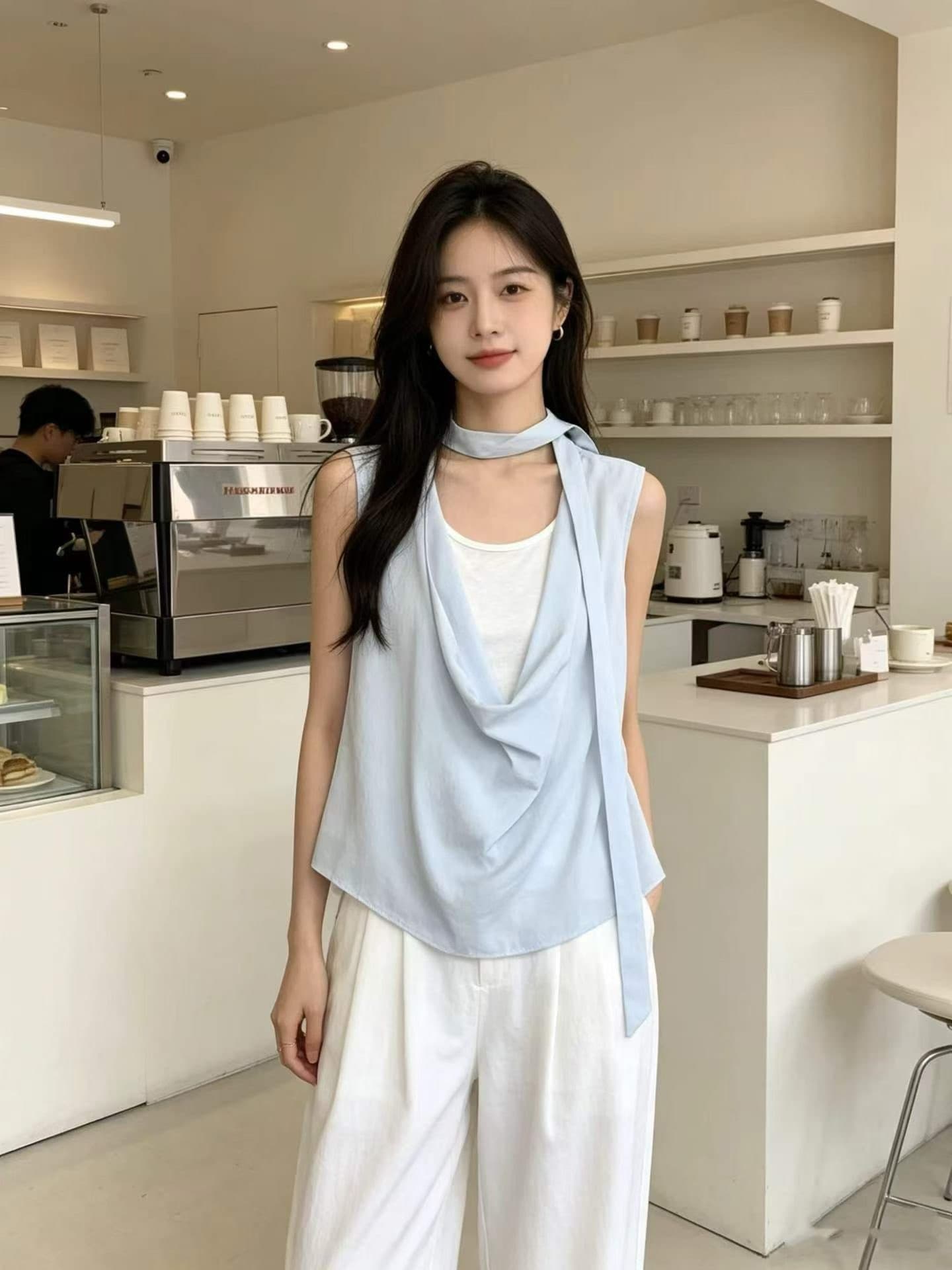 디자인 센스 리본 흔들다 칼라 페이크 레이어드 민소매 조끼 여성 여름 느긋한 바람 품격 다용도 작은 대중 맨위 작은 셔츠 상세 이미지 3