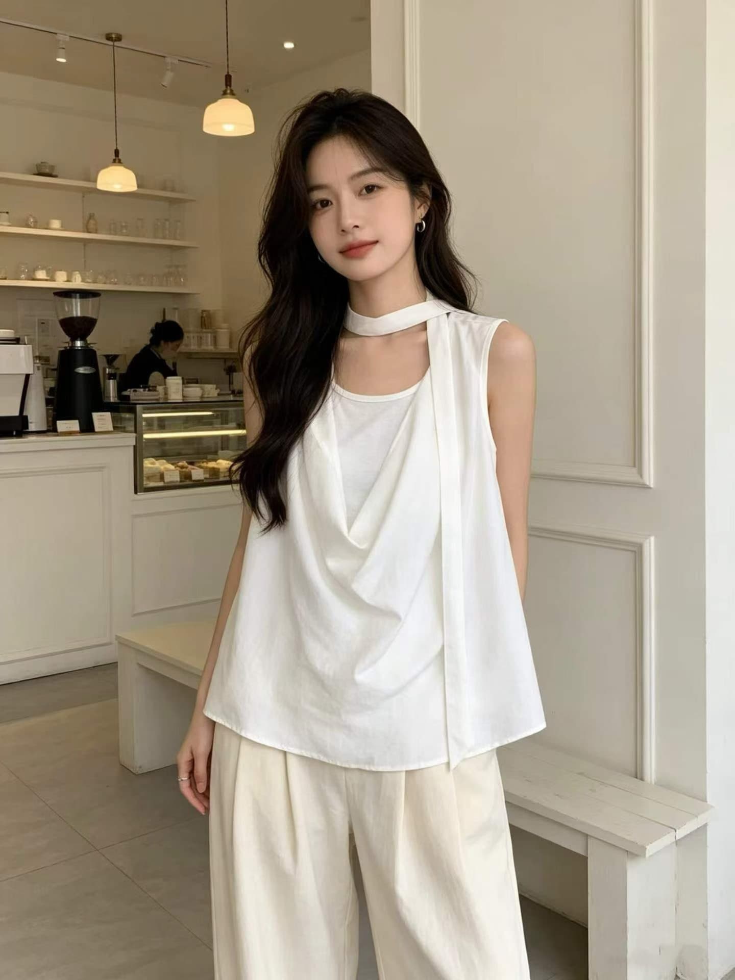 디자인 센스 리본 흔들다 칼라 페이크 레이어드 민소매 조끼 여성 여름 느긋한 바람 품격 다용도 작은 대중 맨위 작은 셔츠 상세 이미지 4