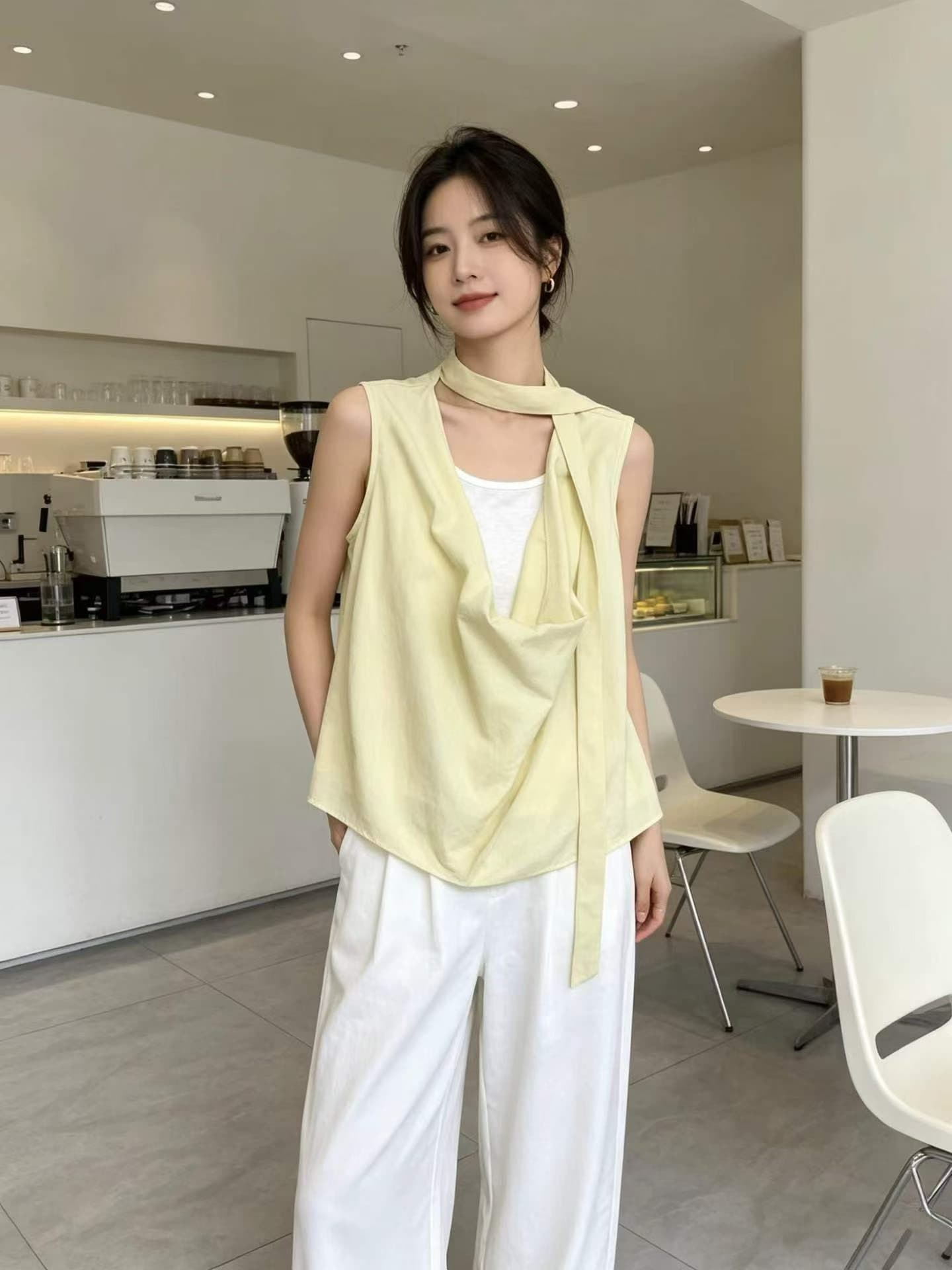 디자인 센스 리본 흔들다 칼라 페이크 레이어드 민소매 조끼 여성 여름 느긋한 바람 품격 다용도 작은 대중 맨위 작은 셔츠 상세 이미지 5