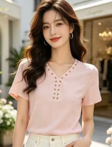 세련된 미니멀리즘 징 V넥 긍정적 인 어깨 반팔 티셔츠 여성 올해 인기 폭발 몸매 가꾸기 슬림해 보이는 고유 한 아름다운 맨위 상세 이미지 1
