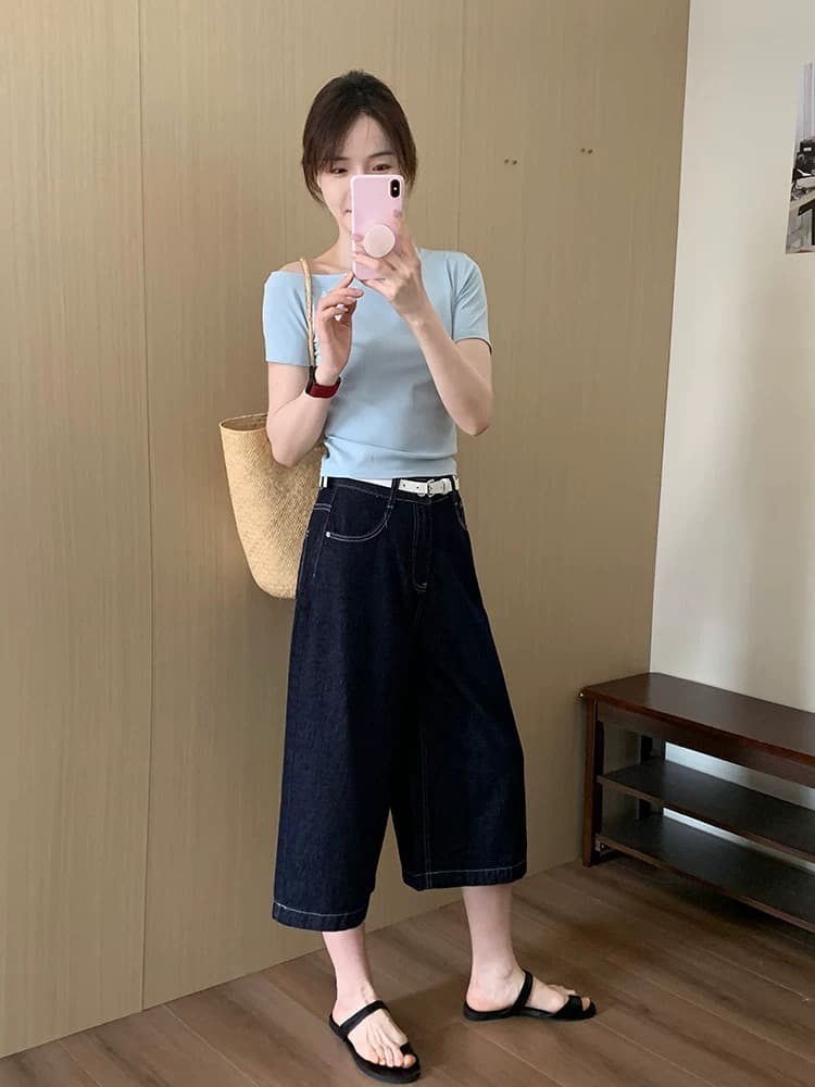 단어 인사이드 달콤함 품격 거리 밖 비스듬한 어깨 반팔 2026 여름 새로운 몸매 가꾸기 다용도 연령 감소 슬림해 보이는 맨위 티셔츠 상세 이미지 6