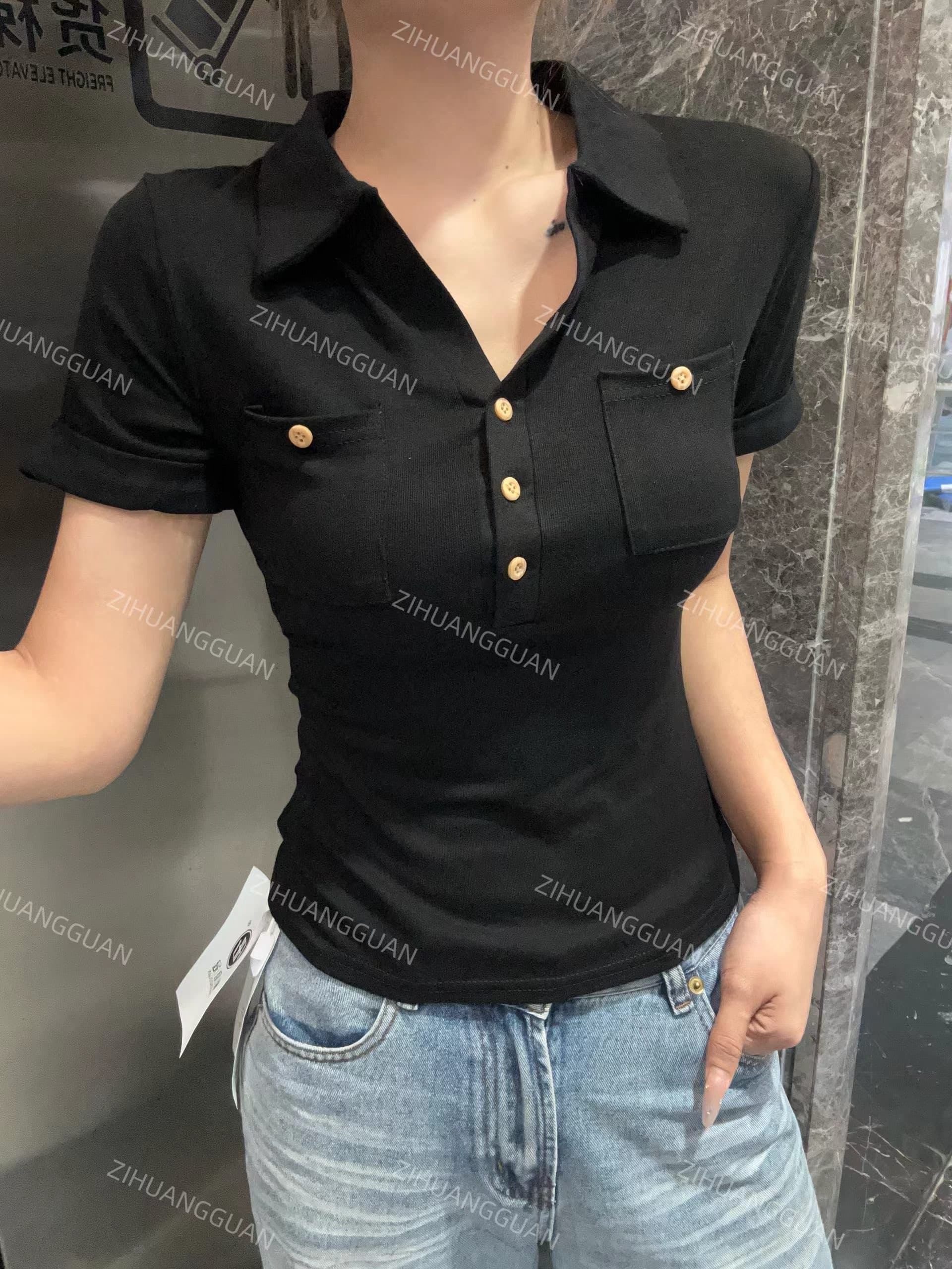 한 부서 긍정적 인 어깨 POLO 칼라 반팔 티셔츠 여성 여름 새로운 몸매 가꾸기 슬림해 보이는 기초 섹션 출퇴근 다용도 맨위 상세 이미지 1