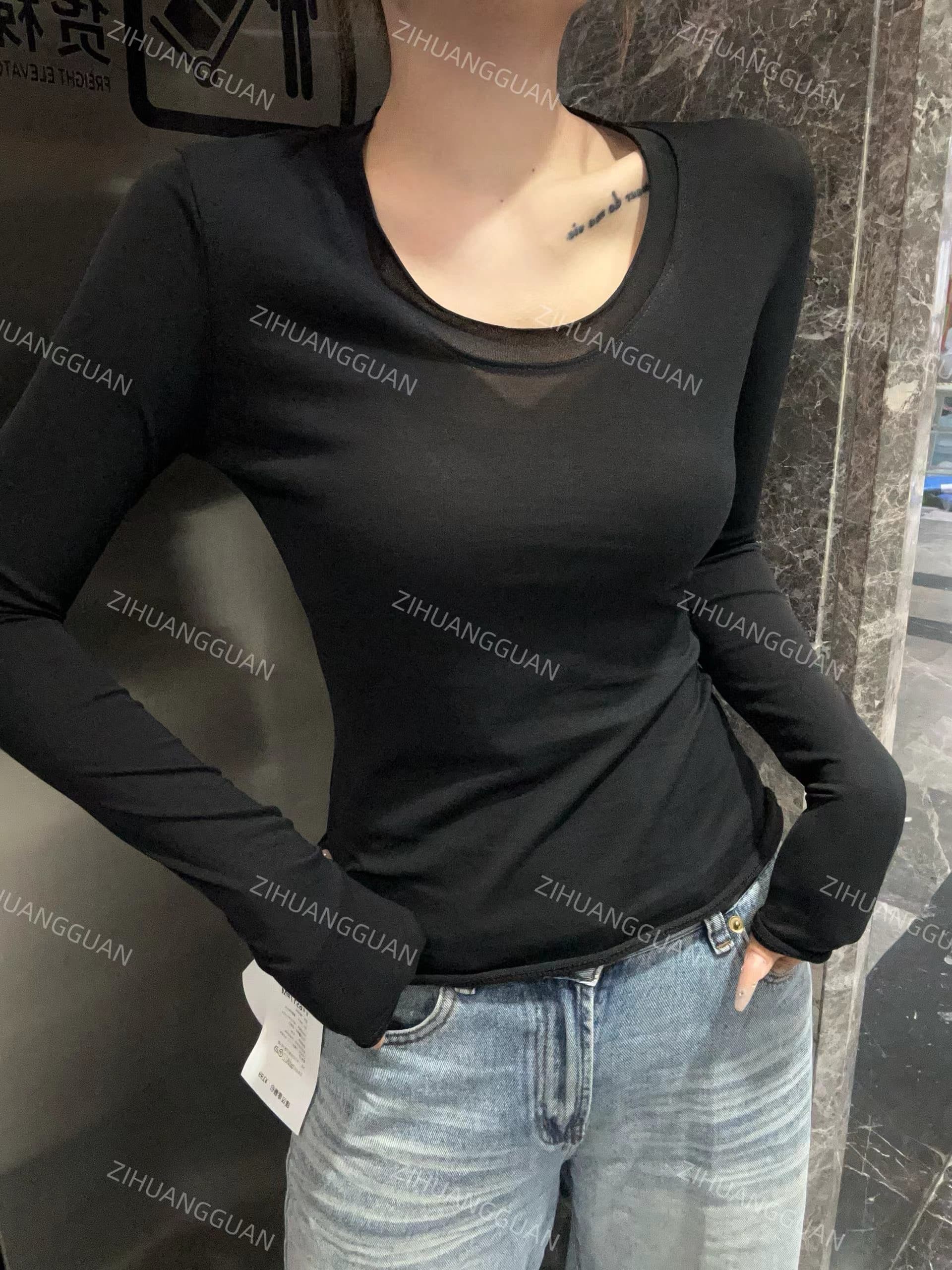 한 부서 대 네클라인 파란색 몸매 가꾸기 블라우스 여성 자외선 차단 주간 실크 긴팔 티셔츠 가을 긍정적 인 어깨 얇고 가벼운 만나는 맨위 상세 이미지 4