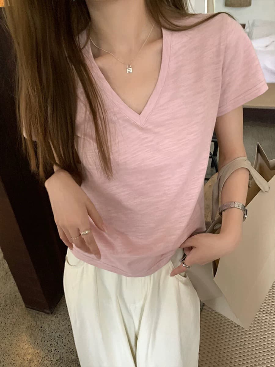 한 부서 화이트 V넥 티셔츠 여성 대나무 마디 면 반팔 맨위 여름 루즈핏 느긋한 느슨함 센스 긍정적 인 어깨 반소매 동정 이미지 4