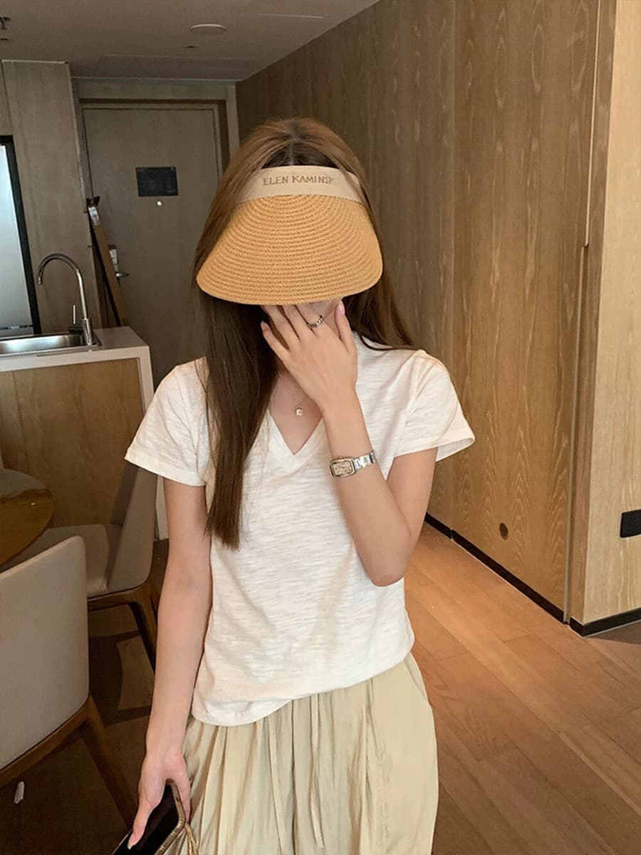 한 부서 화이트 V넥 티셔츠 여성 대나무 마디 면 반팔 맨위 여름 루즈핏 느긋한 느슨함 센스 긍정적 인 어깨 반소매 동정 상세 이미지 1
