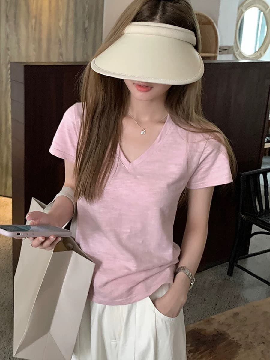 한 부서 화이트 V넥 티셔츠 여성 대나무 마디 면 반팔 맨위 여름 루즈핏 느긋한 느슨함 센스 긍정적 인 어깨 반소매 동정 상세 이미지 4