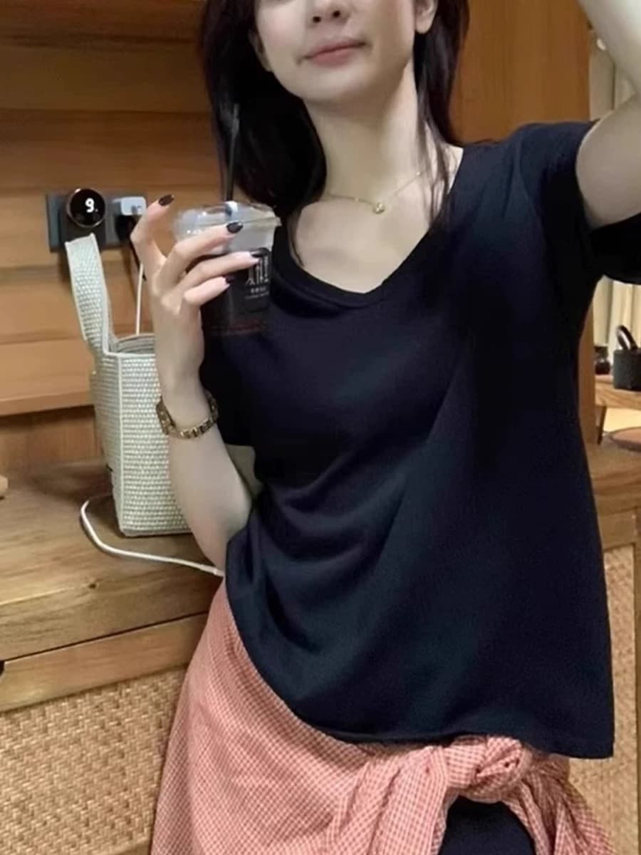 황색 도파민 V넥 긍정적 인 어깨 반팔 티셔츠 여성 2026 여름 한 부서 대 네클라인 루즈핏 느긋한 얇은 스타일 맨위 상세 이미지 3