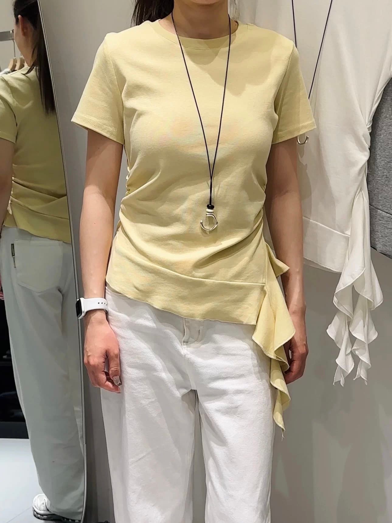한국 스타일 프릴 밑단 반팔 티셔츠 여성 새로운 고유 한 Chic 아름다운 순수한 욕망 주름 꼬집기 허리 핫걸 맨위