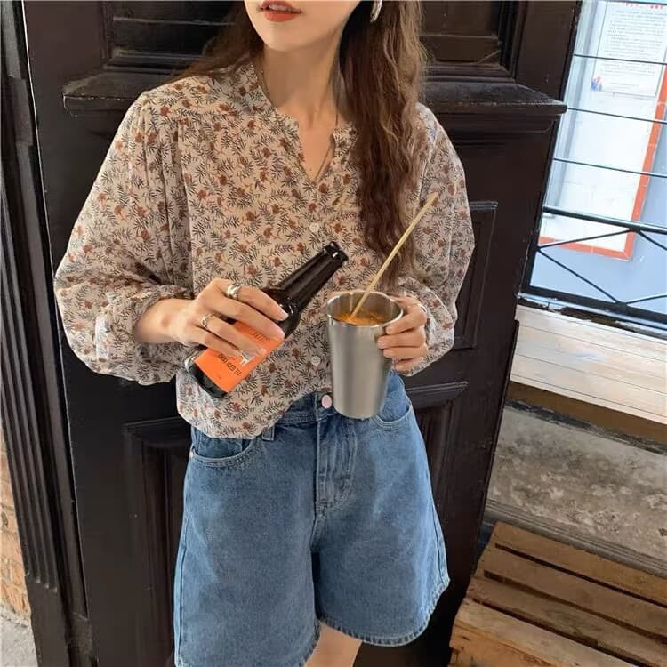 센 부서 작은 대중 디자인 센스 면 100% 꽃무늬 긴팔 여성 셔츠 봄 출퇴근 스탠드 칼라 루즈핏 다용도 아름다운 작은 셔츠 이미지 4