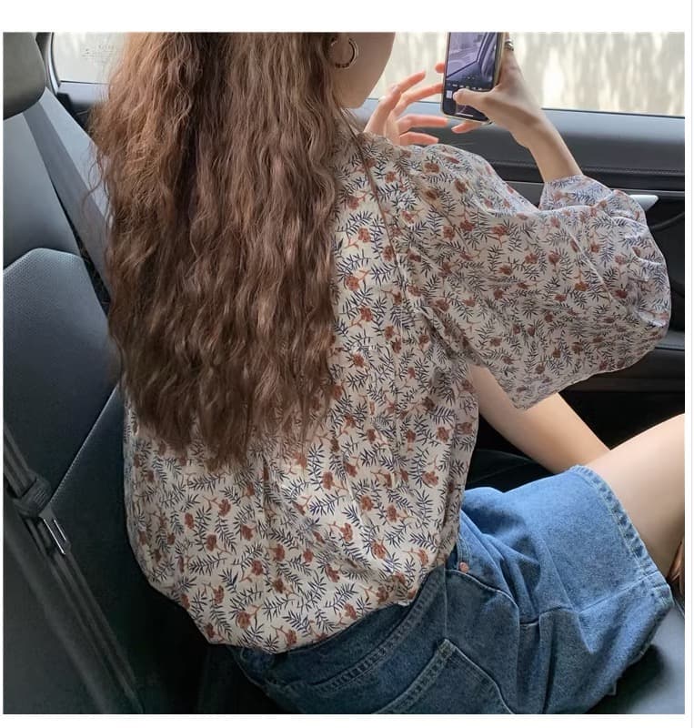 센 부서 작은 대중 디자인 센스 면 100% 꽃무늬 긴팔 여성 셔츠 봄 출퇴근 스탠드 칼라 루즈핏 다용도 아름다운 작은 셔츠 이미지 3