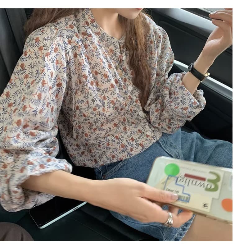 센 부서 작은 대중 디자인 센스 면 100% 꽃무늬 긴팔 여성 셔츠 봄 출퇴근 스탠드 칼라 루즈핏 다용도 아름다운 작은 셔츠 이미지 2