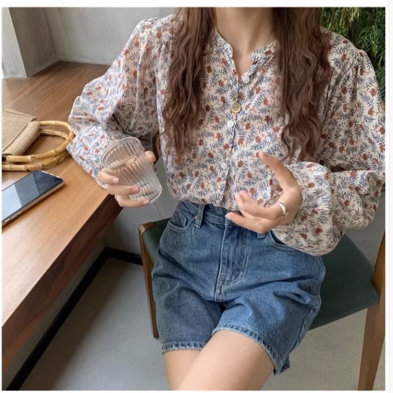 센 부서 작은 대중 디자인 센스 면 100% 꽃무늬 긴팔 여성 셔츠 봄 출퇴근 스탠드 칼라 루즈핏 다용도 아름다운 작은 셔츠 상세 이미지 1