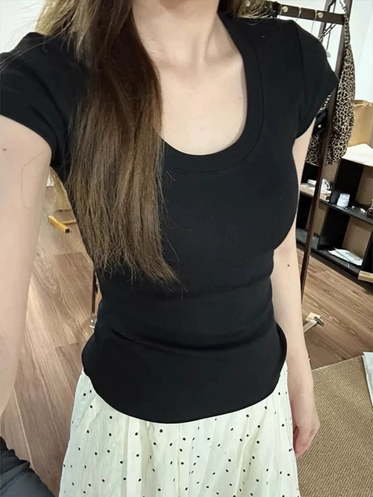 회색 순면 u 칼라 긍정적 인 어깨 반팔 티셔츠 여성 이른 봄 미니멀리즘 다용도 아메리칸 핫걸 몸매 가꾸기 슬림해 보이는 허리 수축 맨위 이미지 3