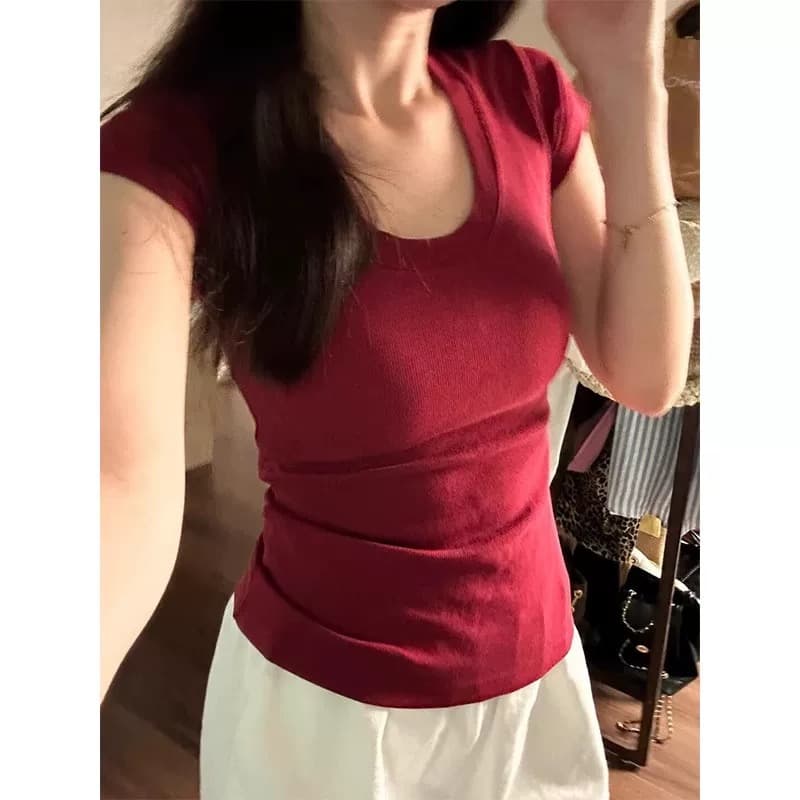 회색 순면 u 칼라 긍정적 인 어깨 반팔 티셔츠 여성 이른 봄 미니멀리즘 다용도 아메리칸 핫걸 몸매 가꾸기 슬림해 보이는 허리 수축 맨위 상세 이미지 2