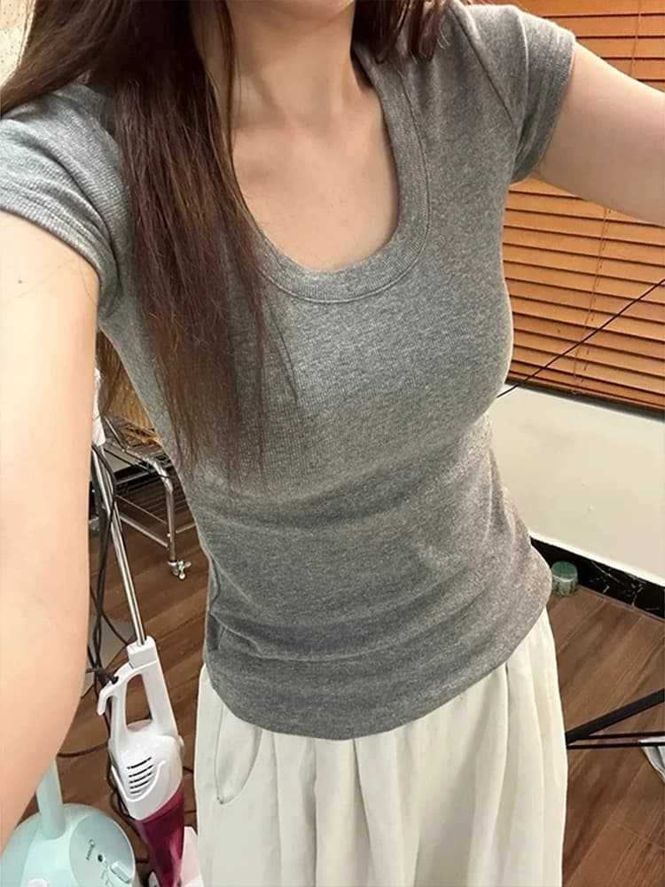 회색 순면 u 칼라 긍정적 인 어깨 반팔 티셔츠 여성 이른 봄 미니멀리즘 다용도 아메리칸 핫걸 몸매 가꾸기 슬림해 보이는 허리 수축 맨위 상세 이미지 5