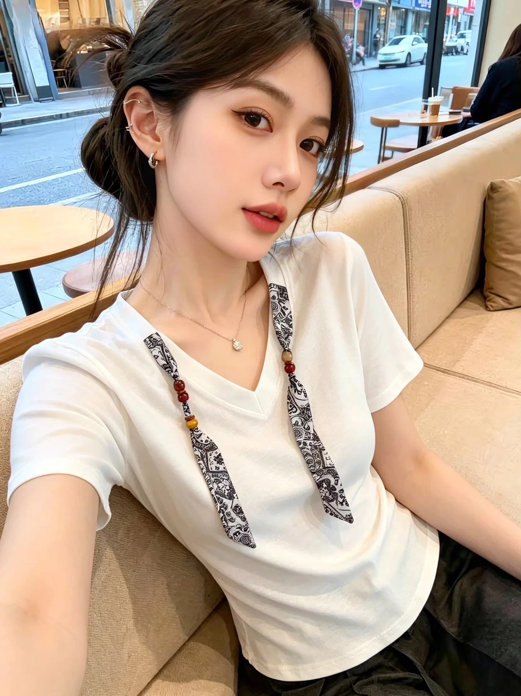 보존 섹션 추천 부드러운 바람 스카프 V넥 반팔 티셔츠 여성 여름 새로운 고급 센스 다용도 연령 감소 맨위