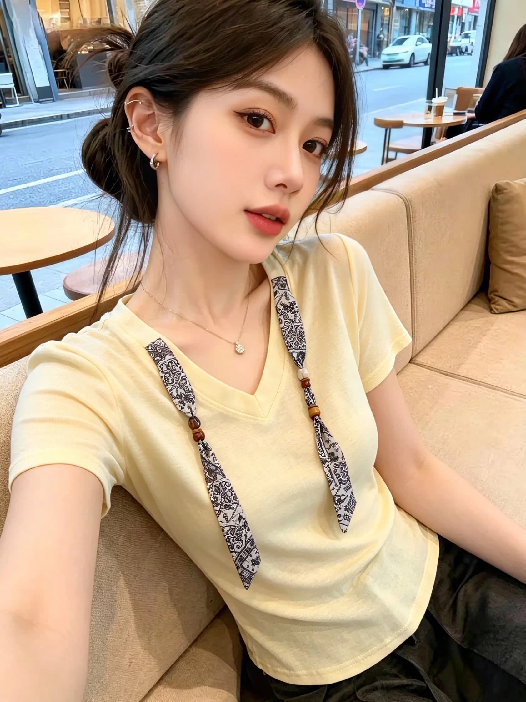 보존 섹션 추천 부드러운 바람 스카프 V넥 반팔 티셔츠 여성 여름 새로운 고급 센스 다용도 연령 감소 맨위 이미지 4