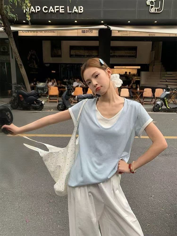 출퇴근 부서 작은 대중 페이크 레이어드 패치워크 맨위 여성 여름 눈꽃 면 루즈핏 V넥 반팔 배색 디자인 센스 티셔츠 상세 이미지 3