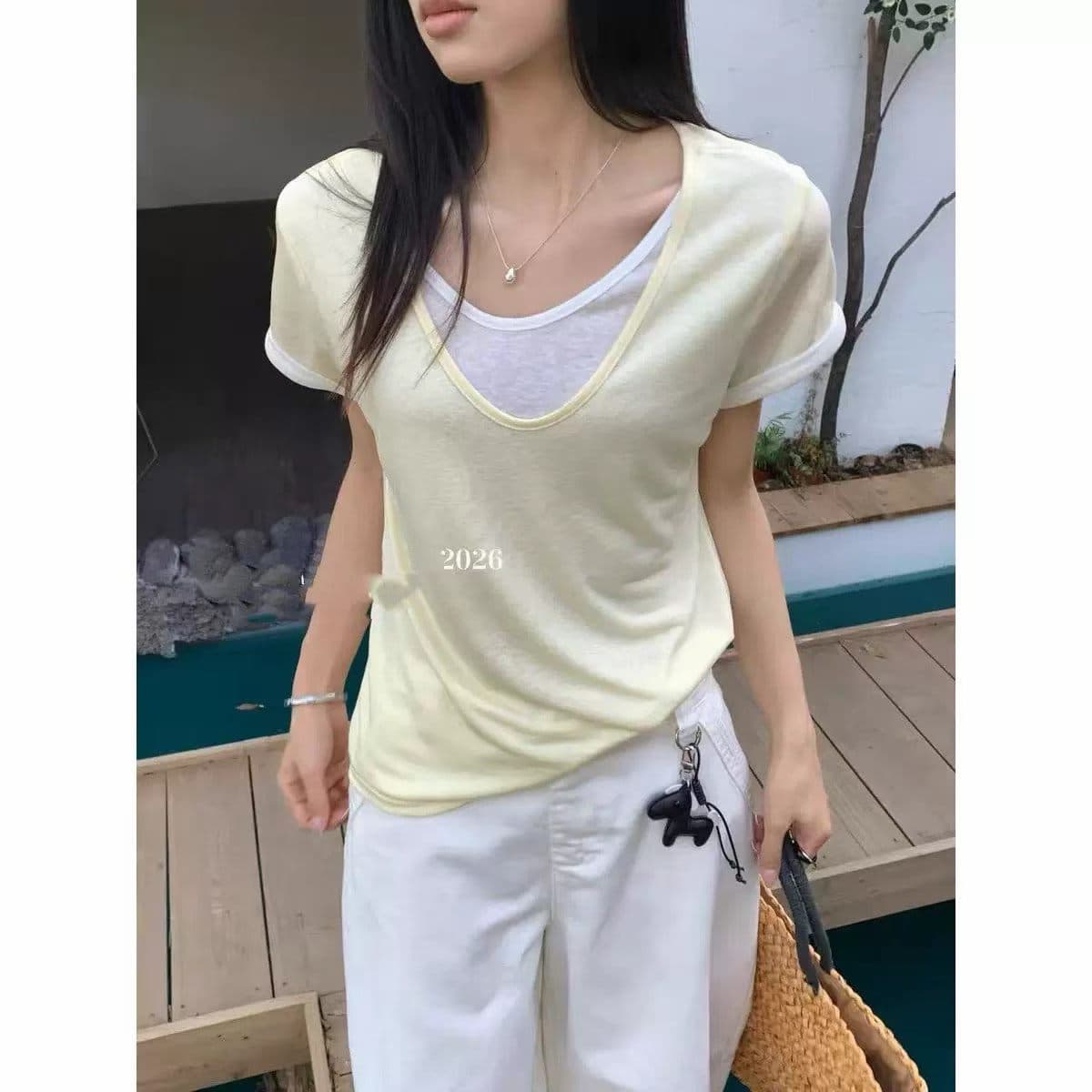출퇴근 부서 작은 대중 페이크 레이어드 패치워크 맨위 여성 여름 눈꽃 면 루즈핏 V넥 반팔 배색 디자인 센스 티셔츠 상세 이미지 4