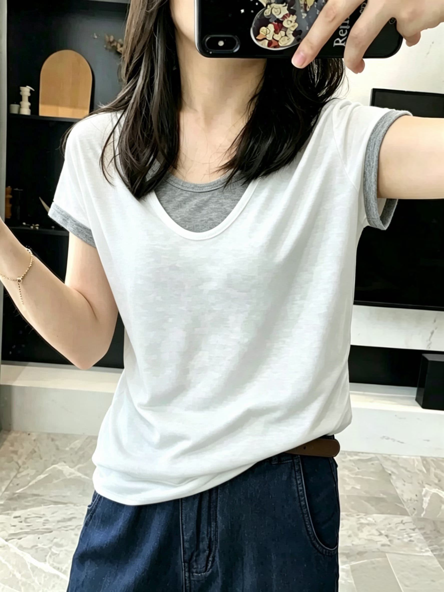 출퇴근 부서 작은 대중 페이크 레이어드 패치워크 맨위 여성 여름 눈꽃 면 루즈핏 V넥 반팔 배색 디자인 센스 티셔츠 상세 이미지 6