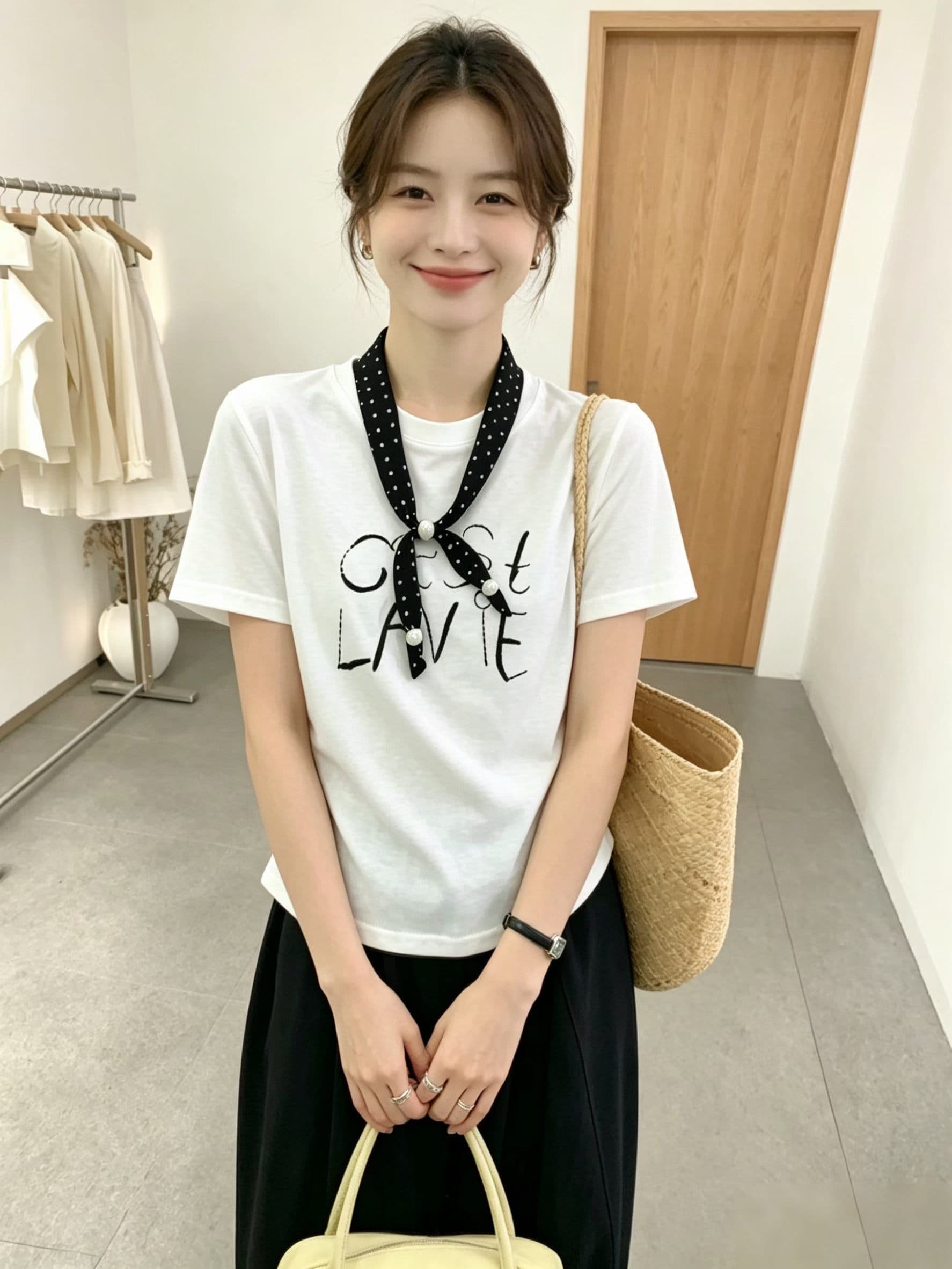 한 부서 트렌드 ins 센스 알파벳 프린트 반팔 티셔츠 여성 2026 여름 라운드 넥 주름 허리 수축 슬림해 보이는 맨위 상세 이미지 2