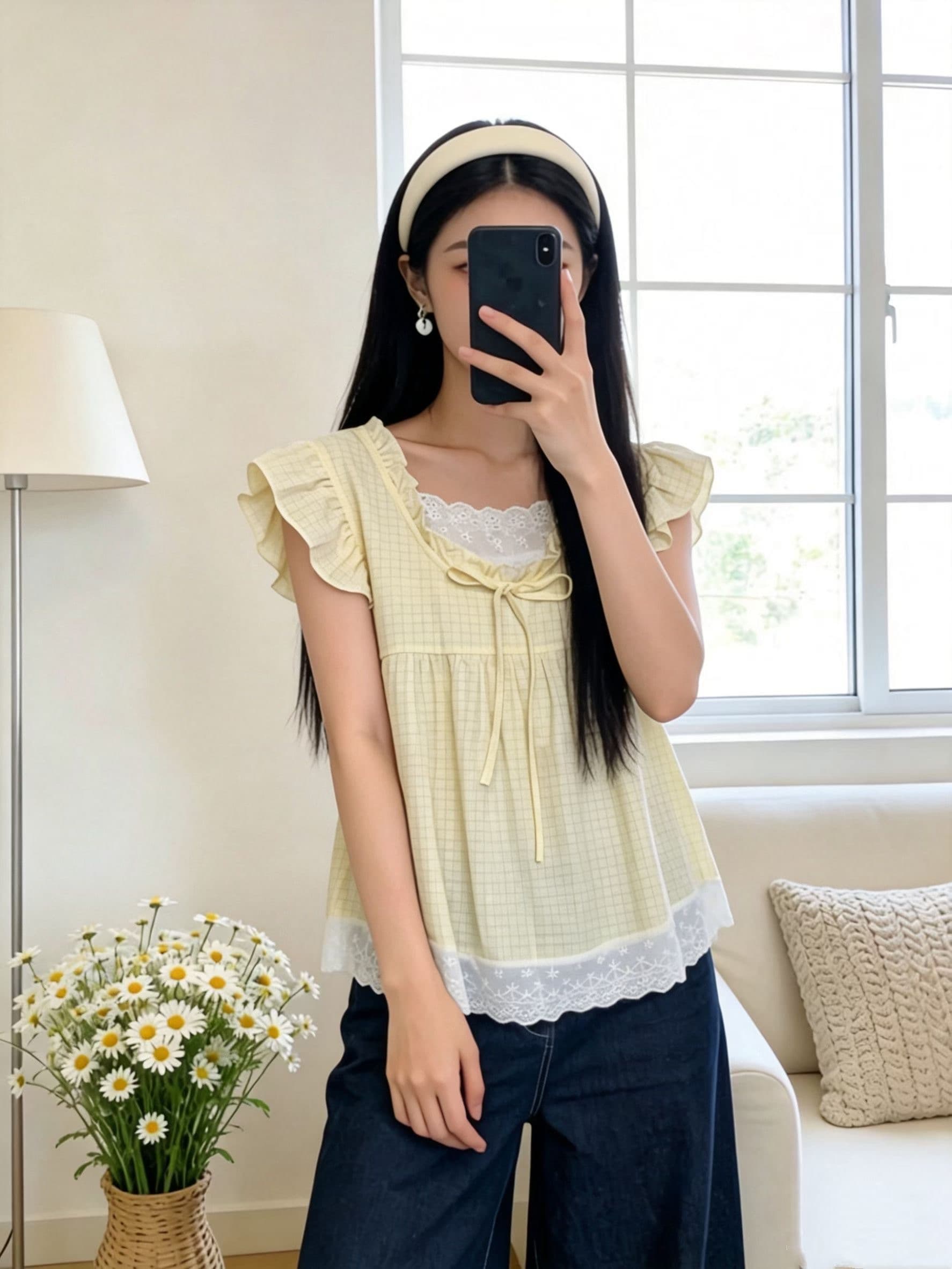 한 부서 스트라이프 레이스 레이스 페이크 레이어드 여성 셔츠 26 여름 새로운 작은 날다 소매 달콤함 셔츠 민소매 맨위 상세 이미지 4