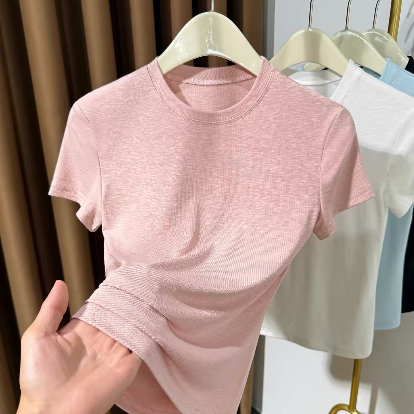 핑크색 작은 원 칼라 얇은 스타일 니트 티셔츠 여성 2026 새로운 기초 섹션 얼음 실크 대나무 마디 면 반팔 긍정적 인 어깨 의류 이미지 5