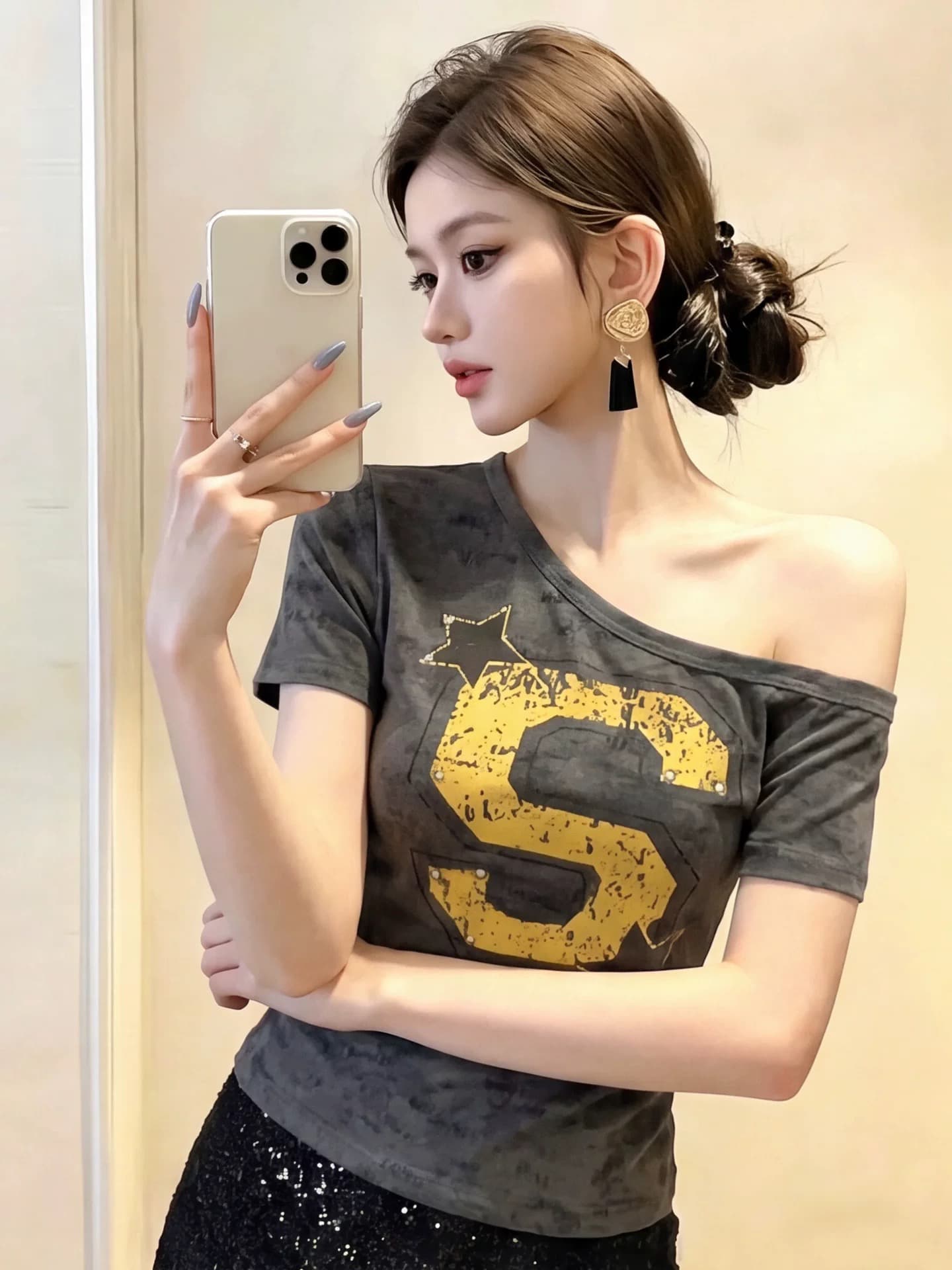 아메리칸 핫걸 비스듬한 어깨 프린트 반팔 티셔츠 여성 여름 달콤한 차가운 디자인 센스 오프숄더 자이언트 잘 생긴 쇼트 스타일 몸매 가꾸기 맨위 상세 이미지 6