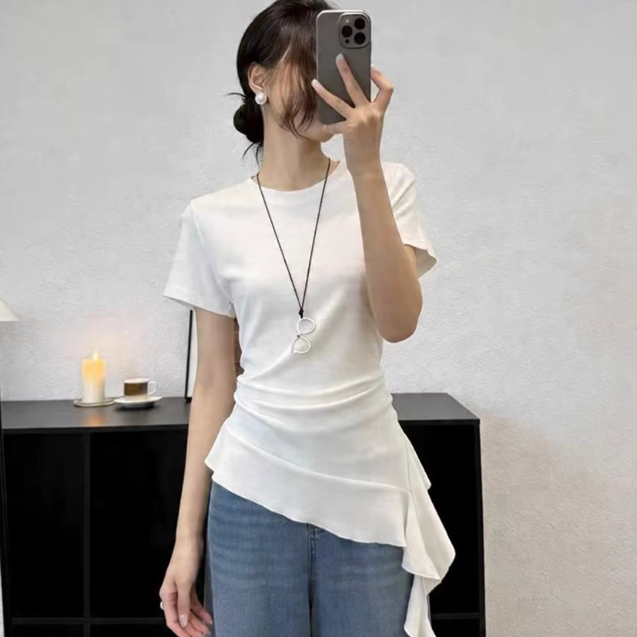 도파민 황색 긍정적 인 어깨 반팔 티셔츠 여성 여름 달콤함 핫걸 꼬집기 허리 작은 셔츠 불규칙 프릴 맨위 상세 이미지 1