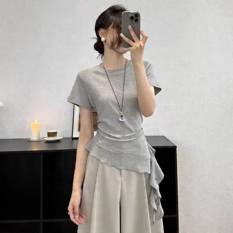 도파민 황색 긍정적 인 어깨 반팔 티셔츠 여성 여름 달콤함 핫걸 꼬집기 허리 작은 셔츠 불규칙 프릴 맨위 상세 이미지 2