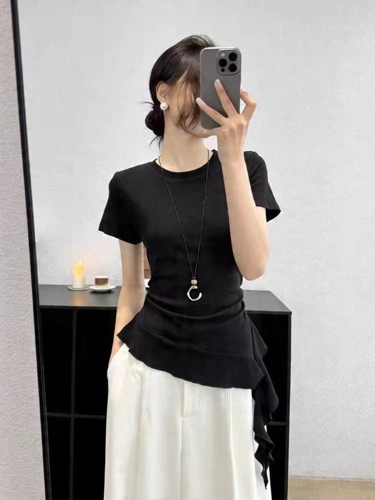 도파민 황색 긍정적 인 어깨 반팔 티셔츠 여성 여름 달콤함 핫걸 꼬집기 허리 작은 셔츠 불규칙 프릴 맨위 상세 이미지 3