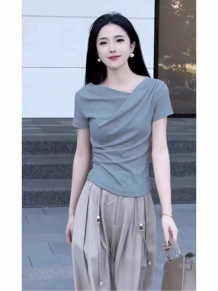 프랑스식 고급 센스 패션 품격 주름 자외선 차단 의류 여성 여름 새로운 디자인 센스 출퇴근 몸매 가꾸기 반팔 맨위 이미지 2