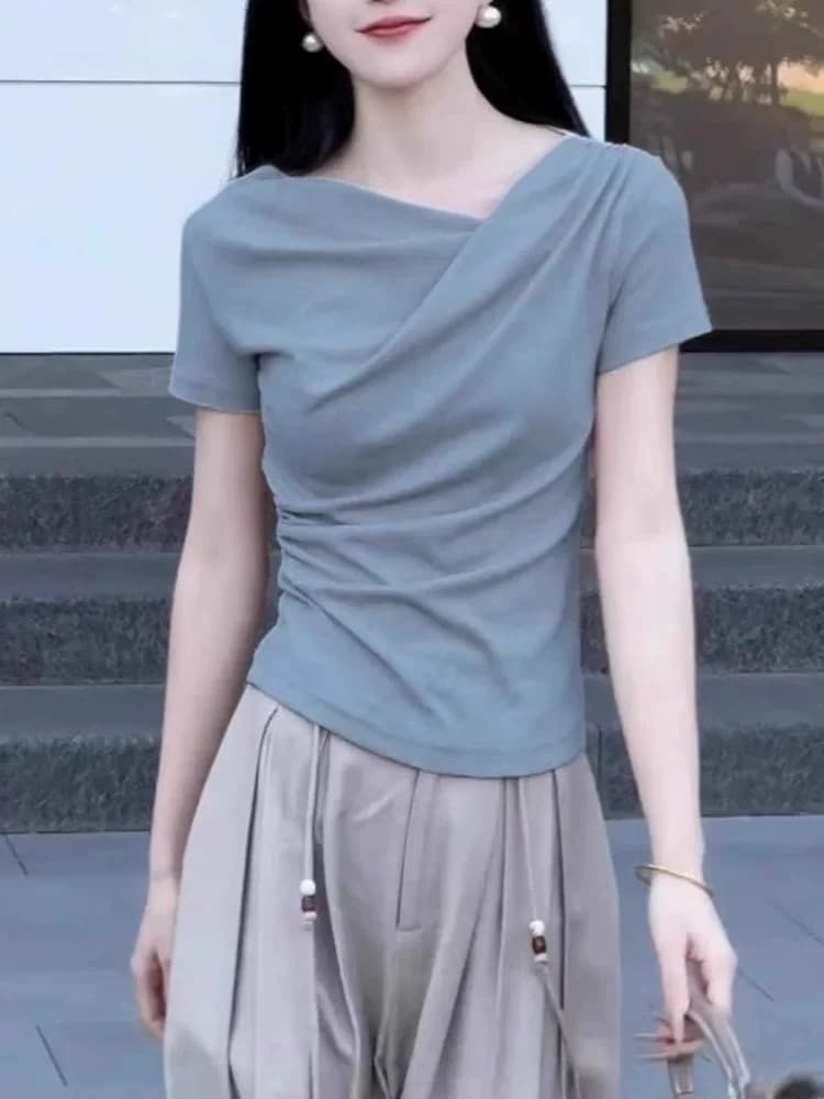 프랑스식 고급 센스 패션 품격 주름 자외선 차단 의류 여성 여름 새로운 디자인 센스 출퇴근 몸매 가꾸기 반팔 맨위 이미지 4