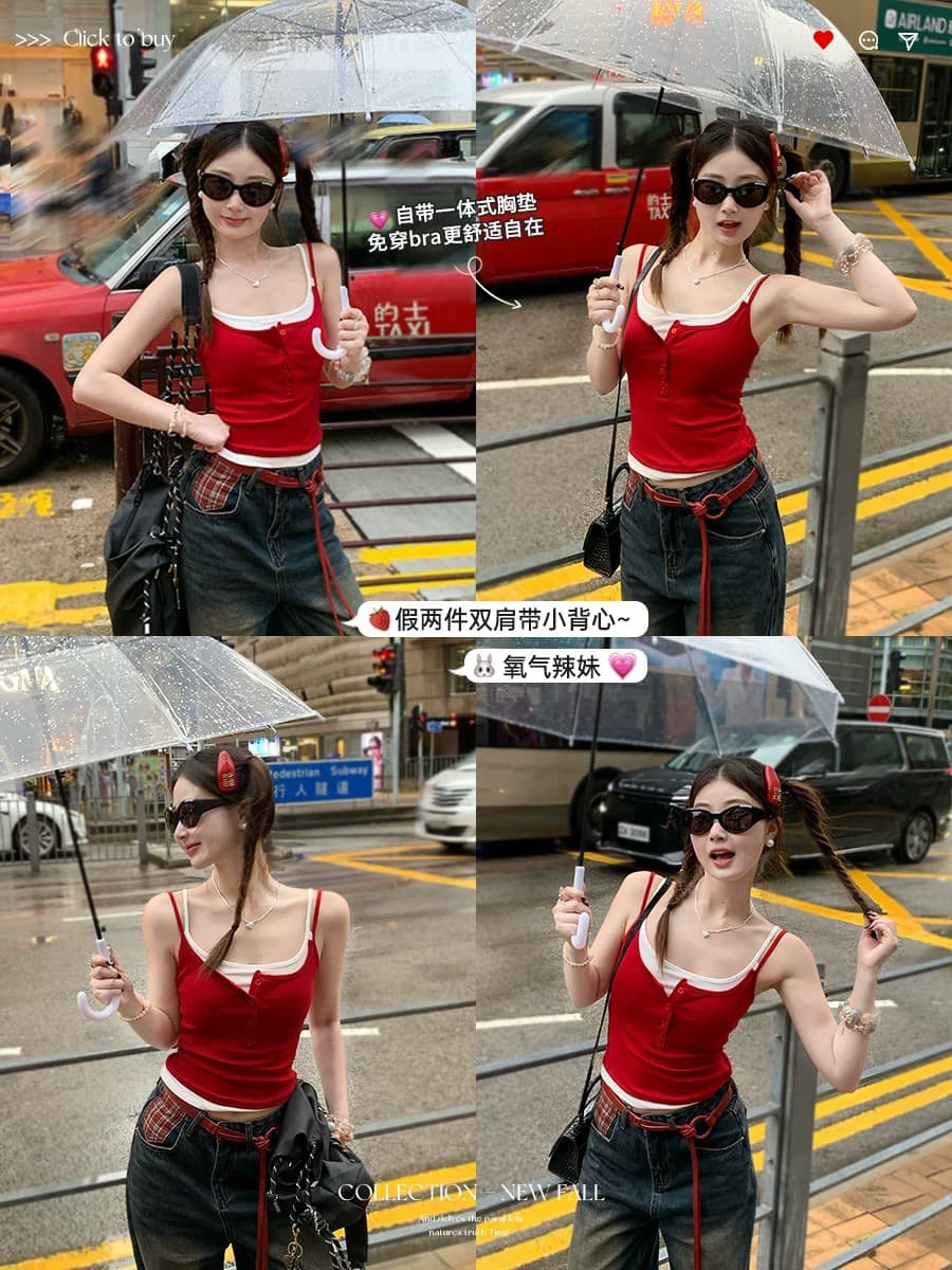 빨간색 슬립 맨위 여성 페이크 레이어드 조끼 2026 새로운 외출용 슈퍼 화재 벨트 가슴 패드 인사이드 가져 가라. 특별 작은 만나는 상세 이미지 2